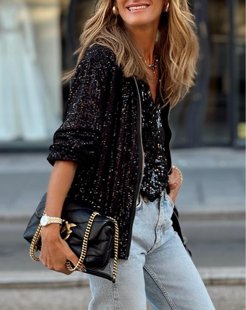 Sequin Zip up Round Neck Long Sleeve Jacket