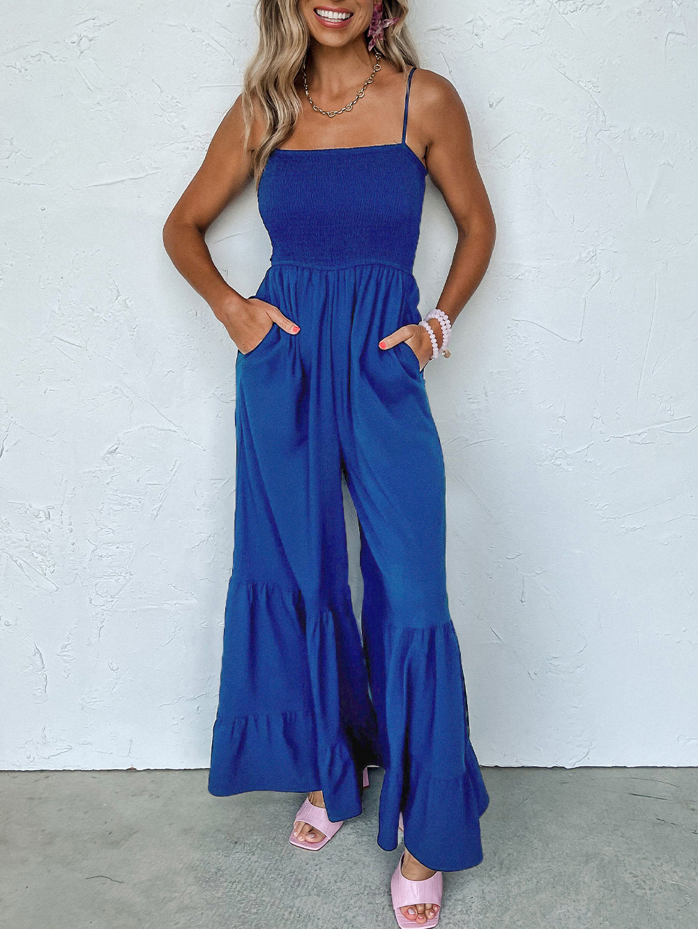 Spaghetti Straps Smocked Ruffled Wide Leg Jumpsuit