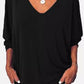 Black Button Decor Loose Fit V Neck Top