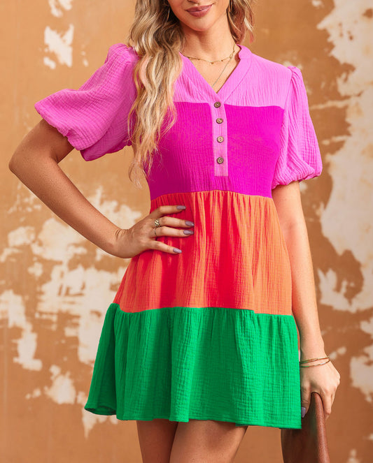 Multicolor Color Block Tiered Puff Sleeve Dress