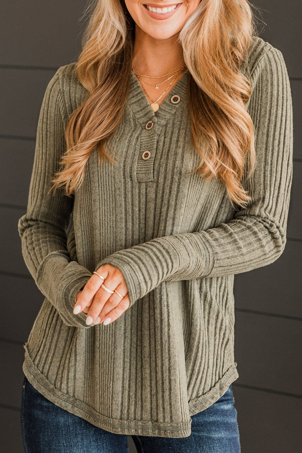 Green V Neck Buttoned Ribbed Knit Top