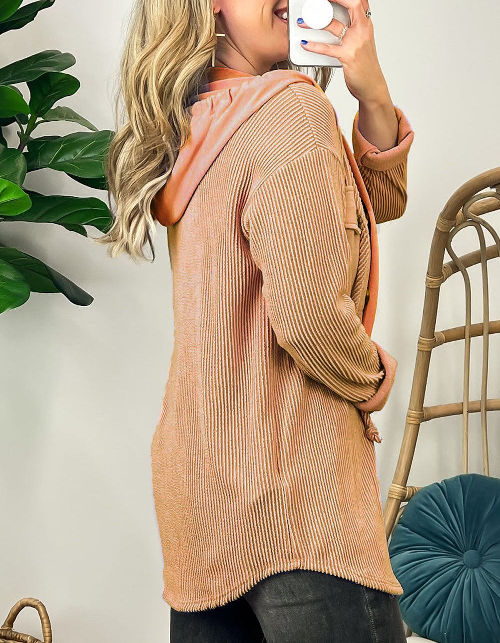 Flap Pockets Patchwork Hooded Ribbed Shacket