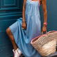 Contrast Straps Pocketed Long Chambray Dress