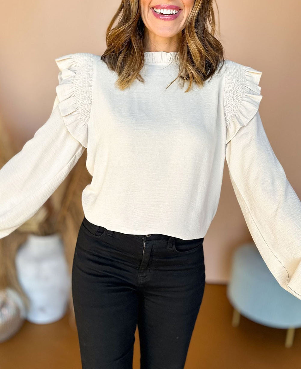 Frilled Neck Ruffled Trim Bubble Sleeve Blouse