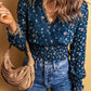Lace Trim V Neck Floral Smocked Long Sleeve Blouse