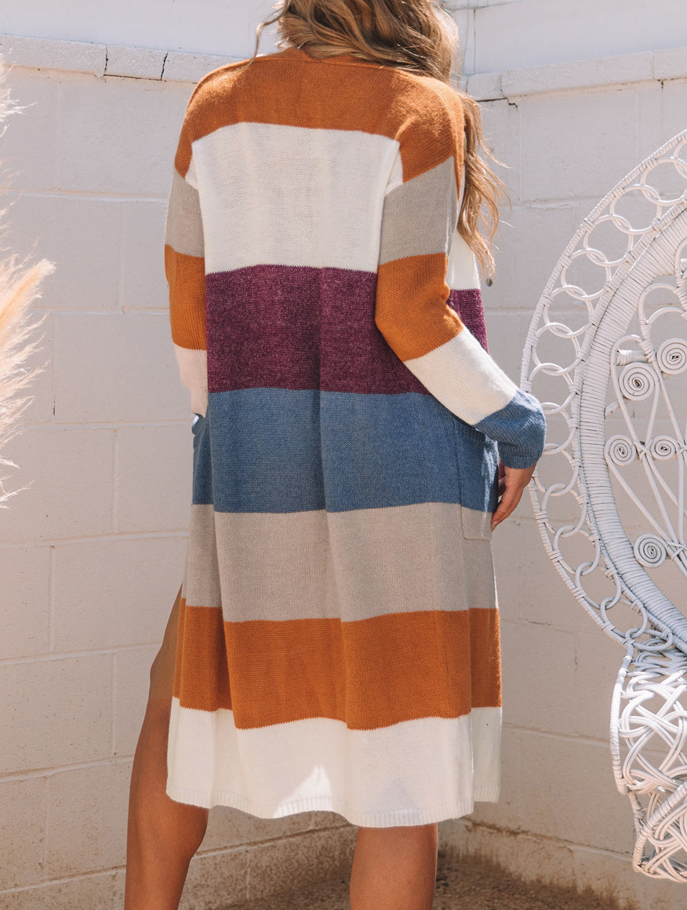Colorblock Open Front Long Knit Cardigan