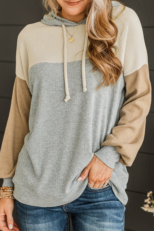 Vintage Ribbed Knit Color Block Hoodie