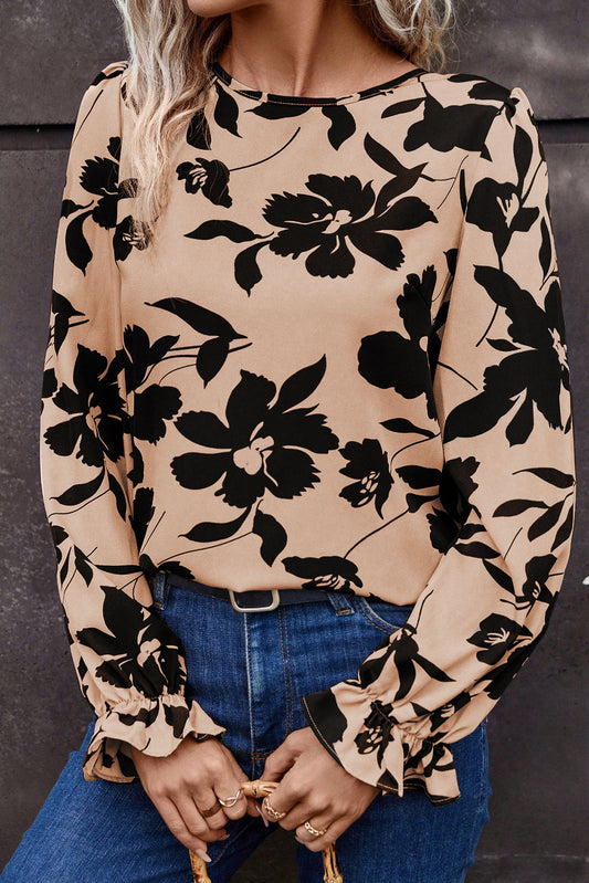 Floral Flounce Sleeve Hollowed Knot Back Blouse