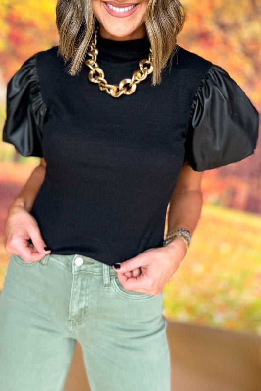 Faux Leather Puff Short Sleeve Mock Neck Top