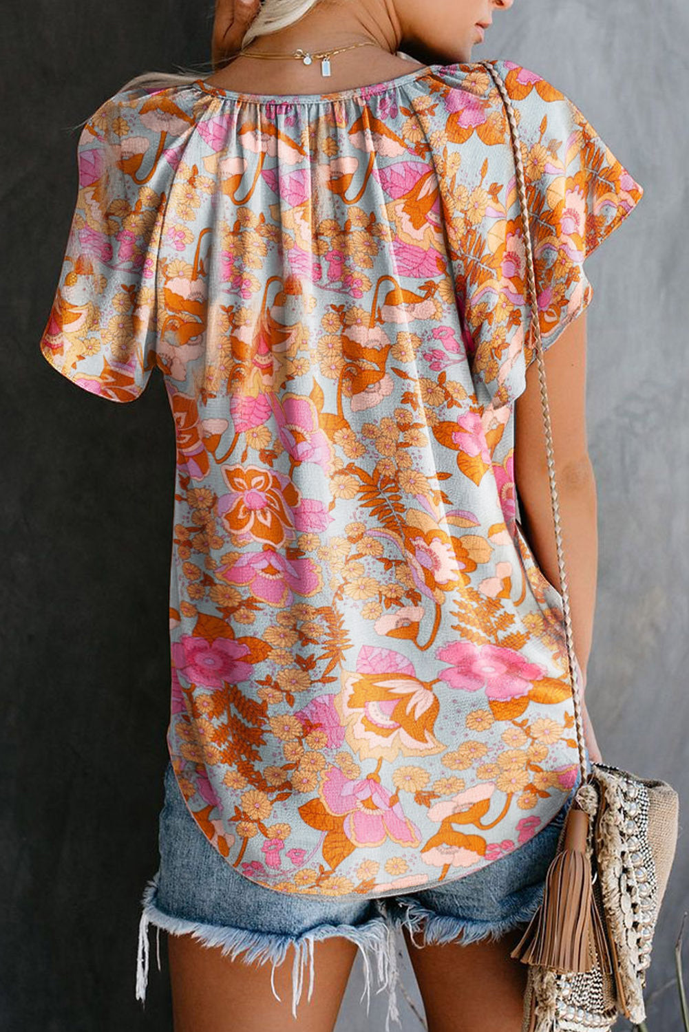 Split V Neck Flutter Sleeve Flower Blouse