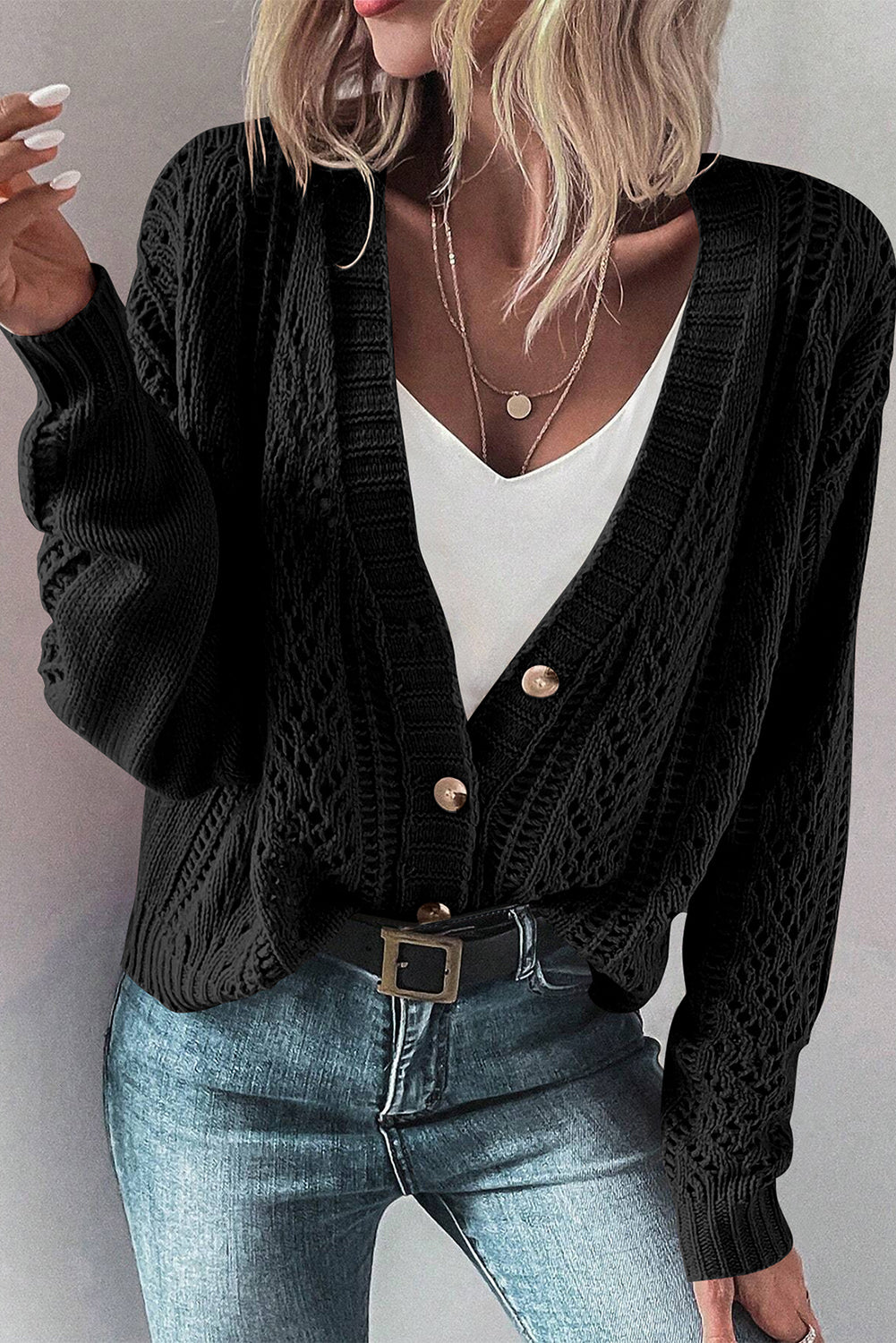 Open Knit Drop Shoulder Sweater Cardigan