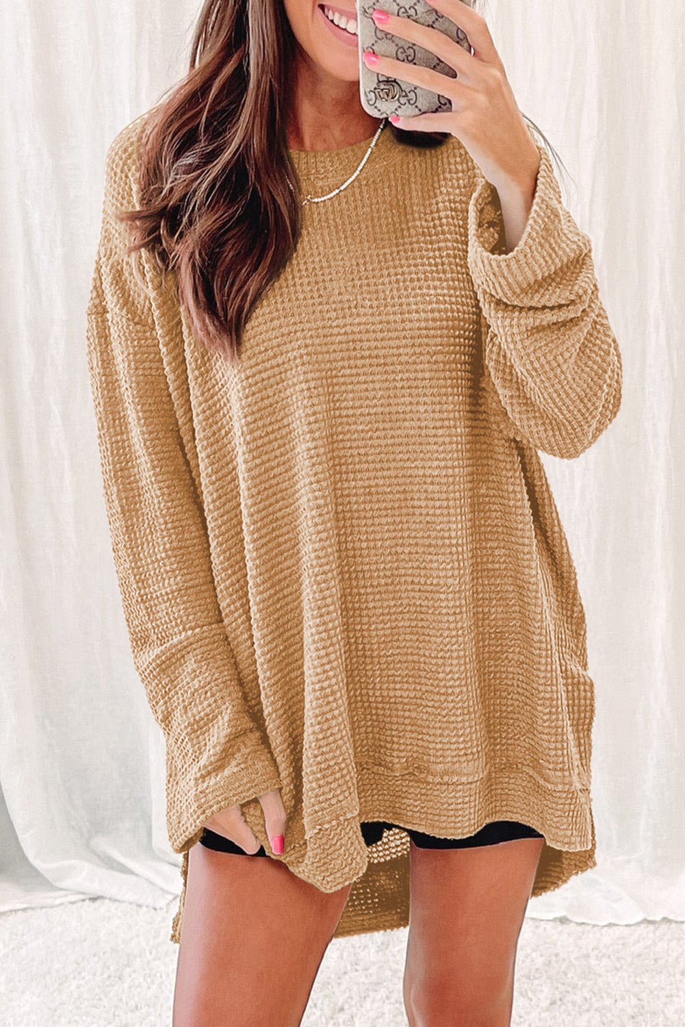 Waffle Knit High Slits Oversized Top