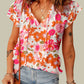 Split V Neck Ruffle Sleeve Floral Blouse