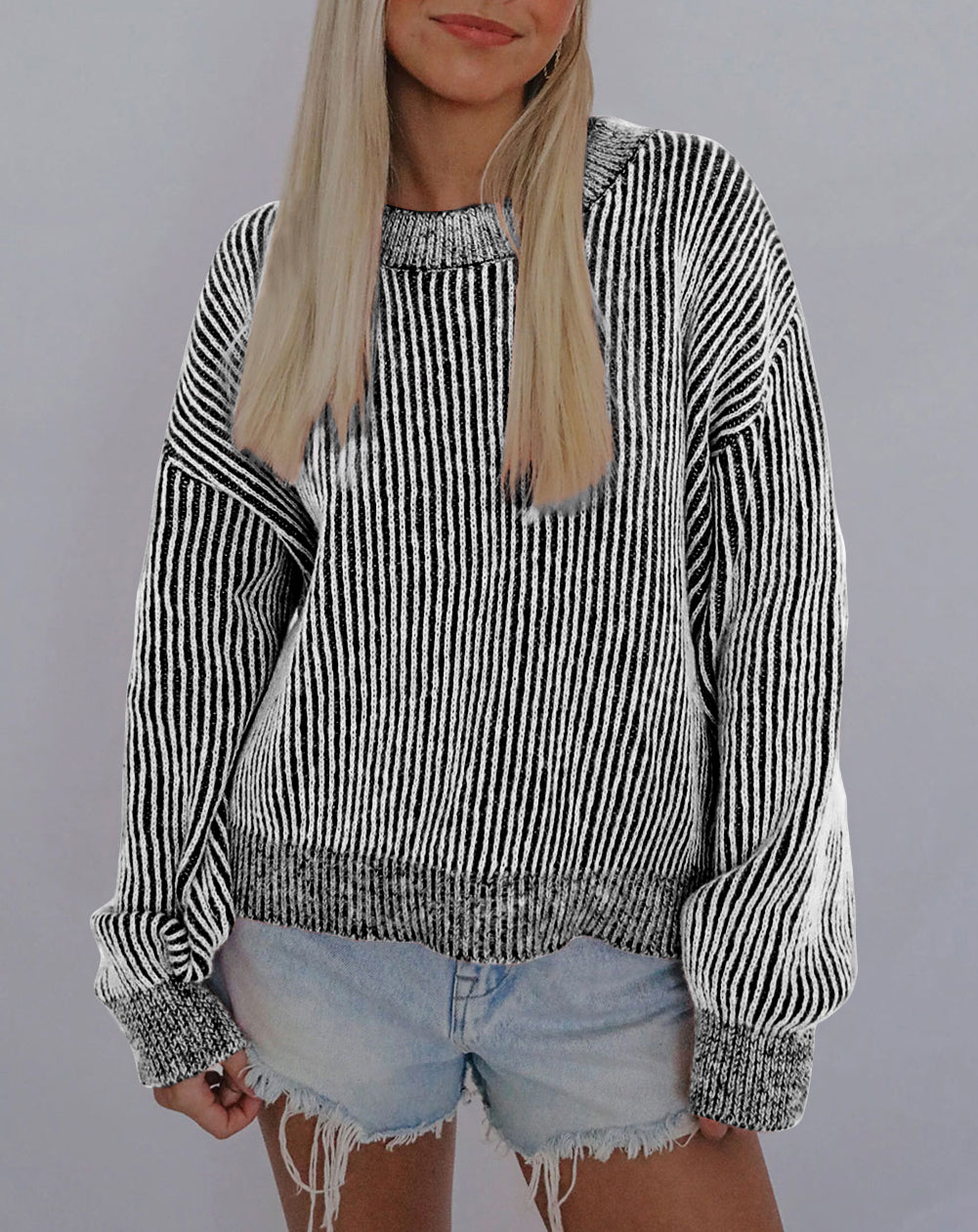Striped Print Ribbed Trim Round Neck Sweater