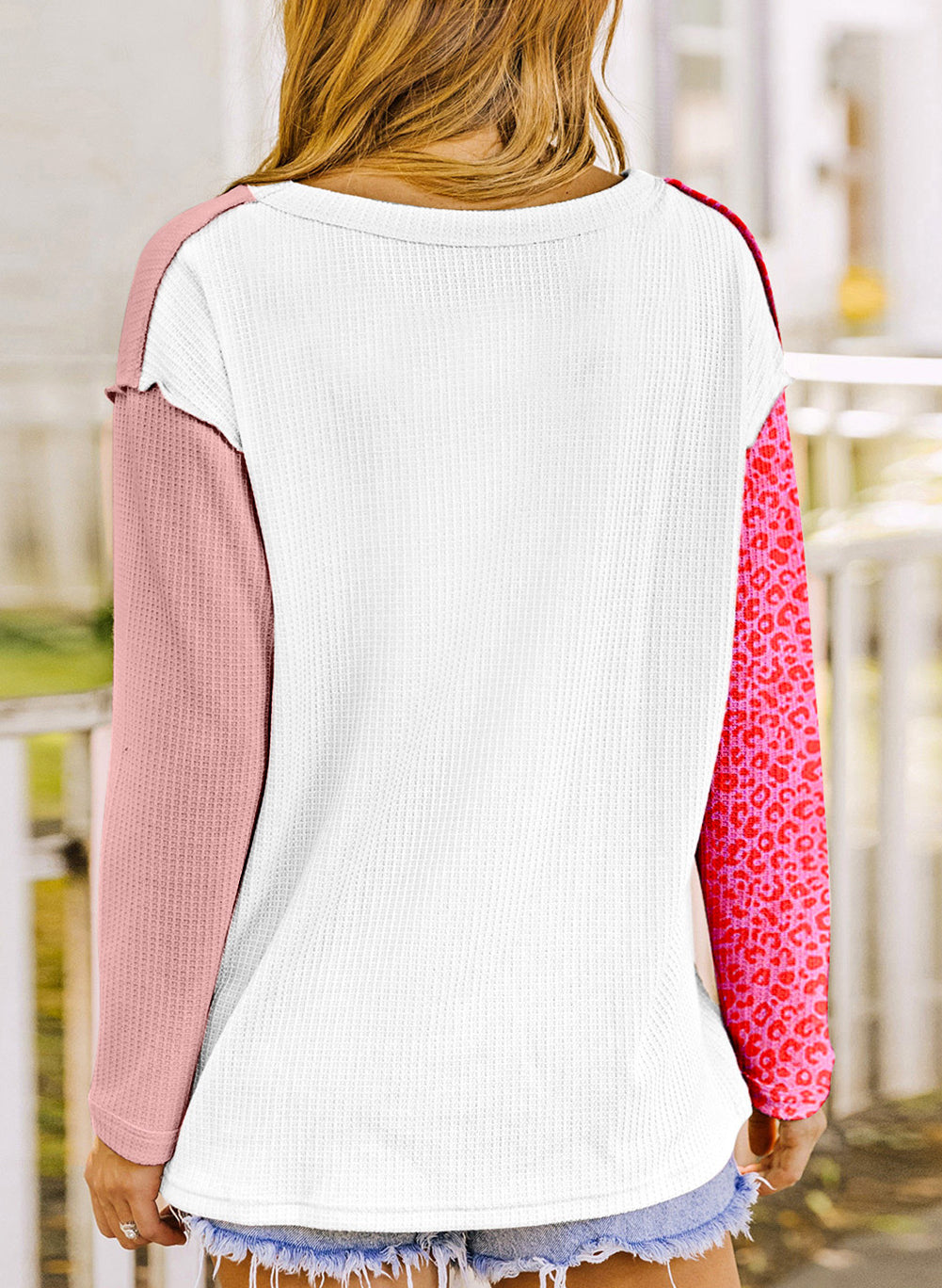 Waffle Knit Exposed Seam Leopard Colorblock Print Top