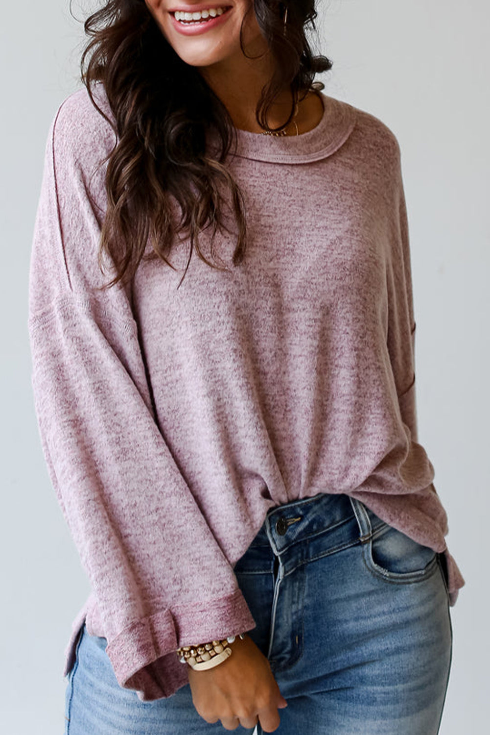 Exposed Seam Drop Shoulder Wide Long Sleeve T Shirt