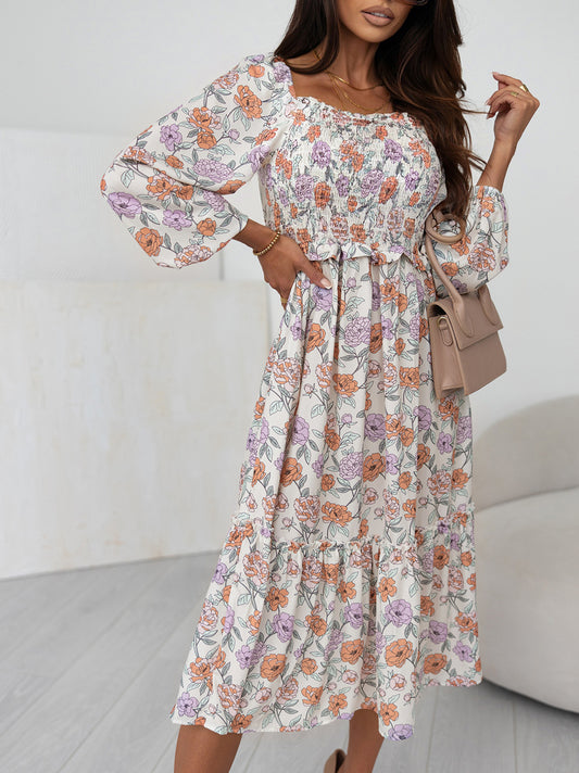 Floral Smocked Long Sleeve Pocketed Dress