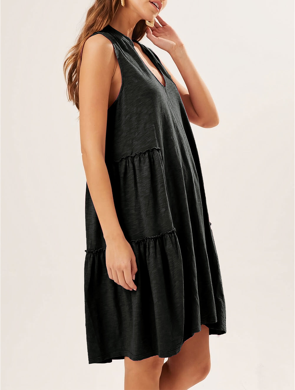 Split V Neck Tiered Flowy Sleeveless Dress
