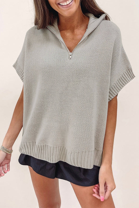 Quarter Zip Short Batwing Sleeve Sweater