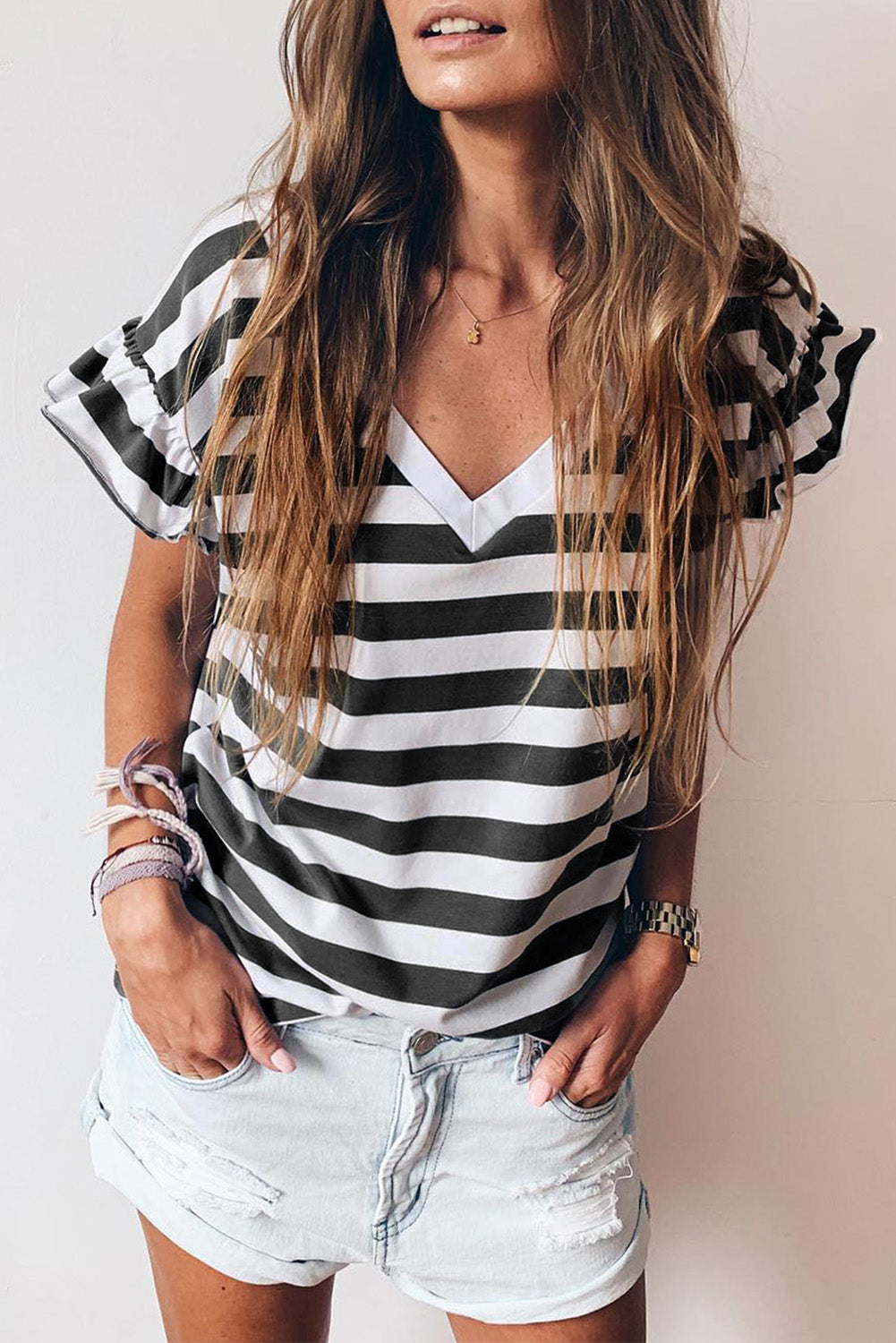 Striped V Neck Ruffle Sleeve Top