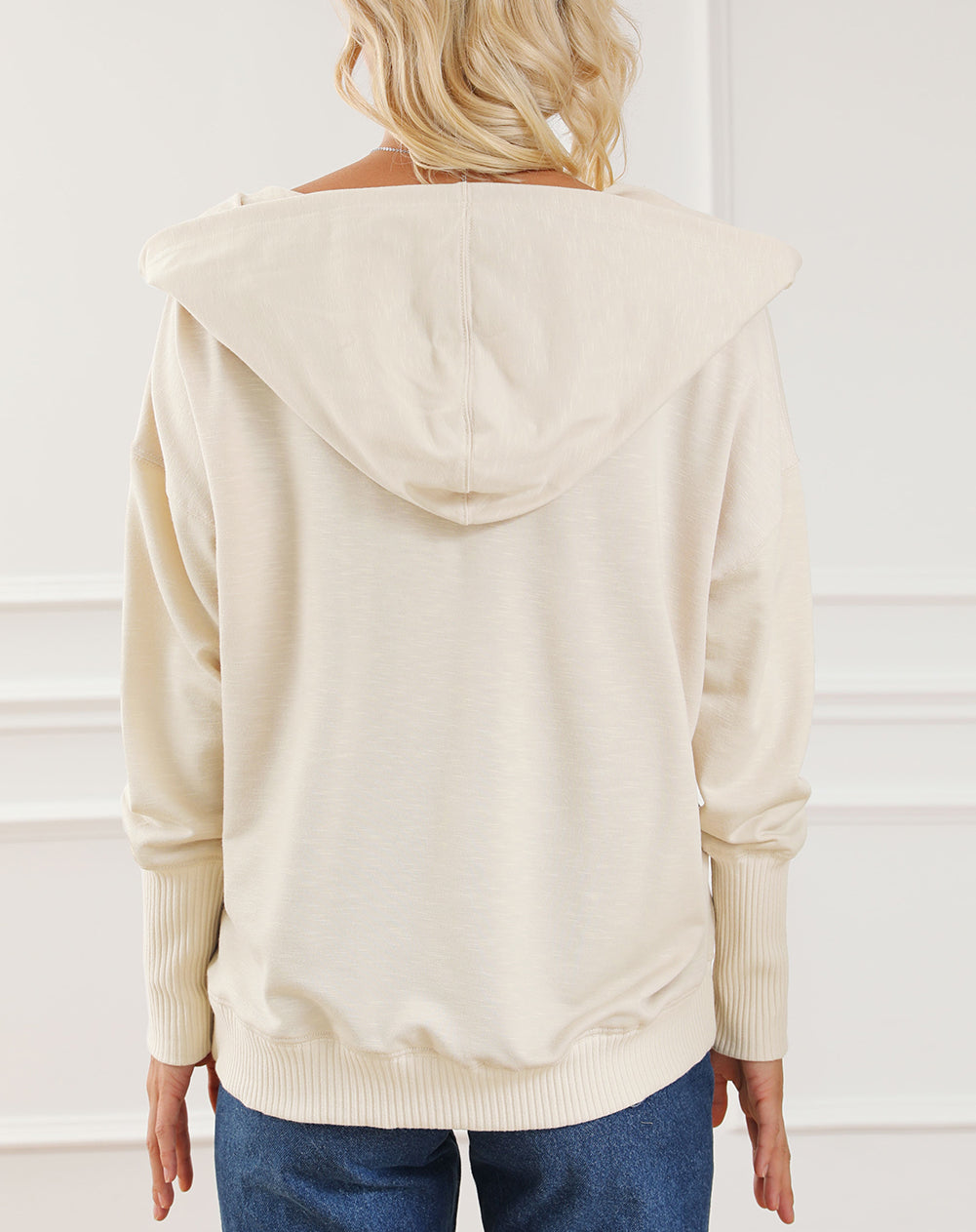 Half Buttoned Ribbed Trim Loose Fit Pullover Hoodie