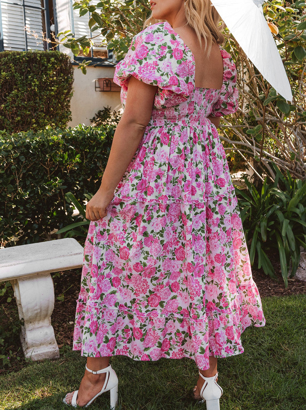 Plus Size Floral Print Smocked Puff Sleeve Dress