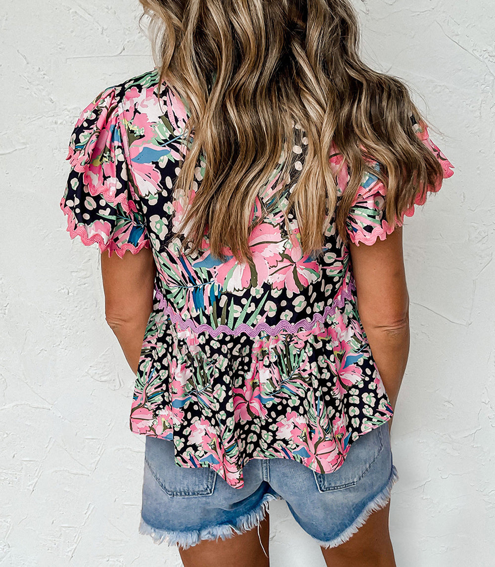 Ricrac Floral Tiered Short Sleeve Blouse