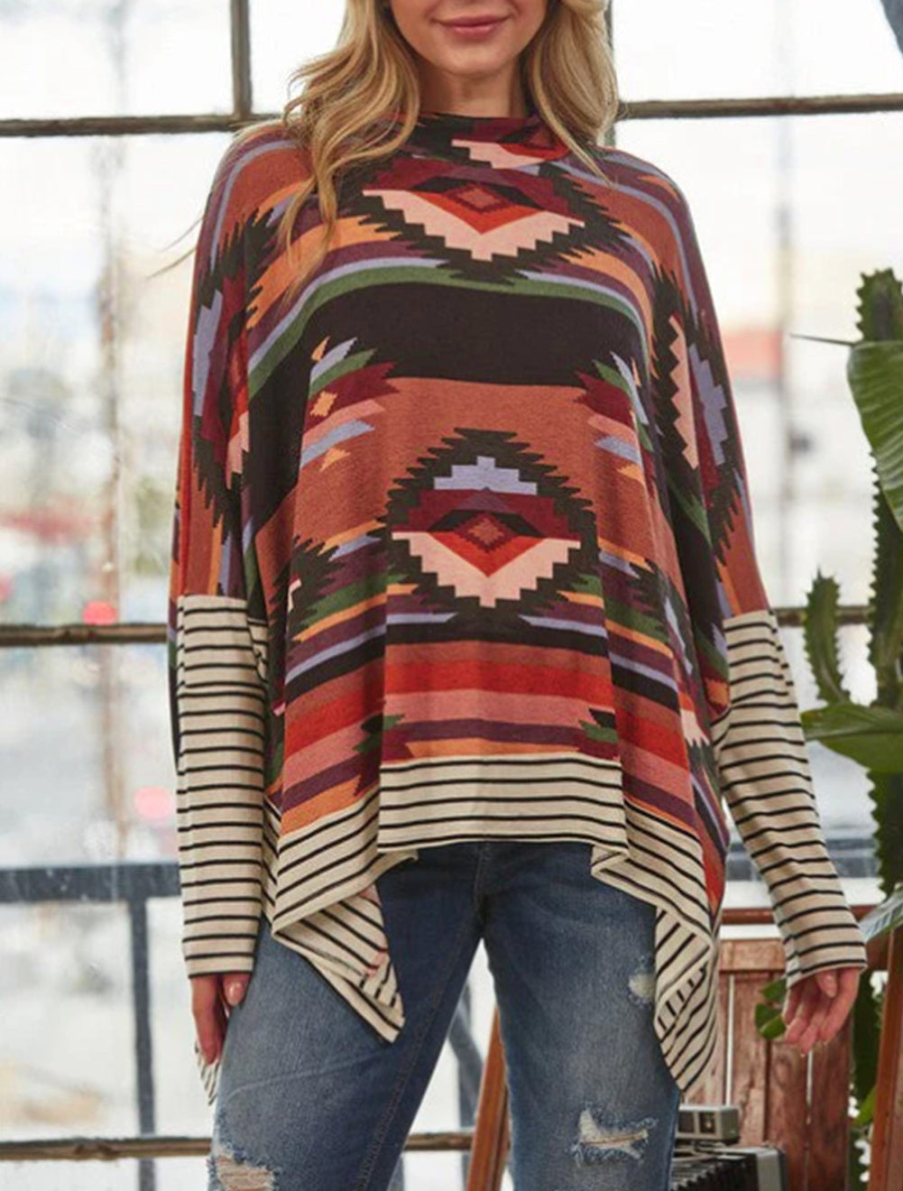 Western Aztec Striped Mock Neck Dolman Sleeve Top