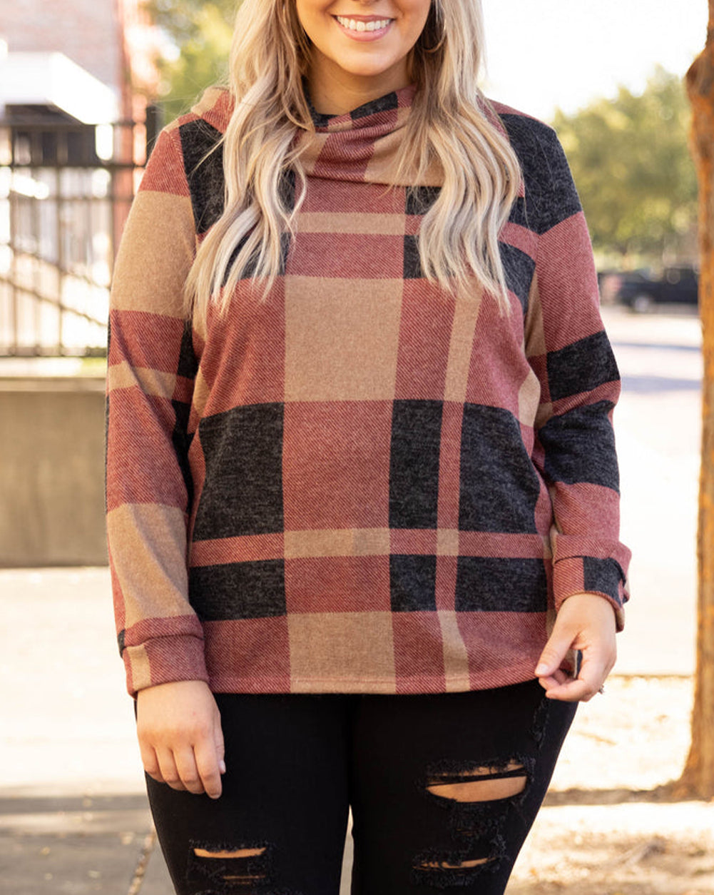 Plus Size Plaid Print Button Decor Asymmetric Neck Top