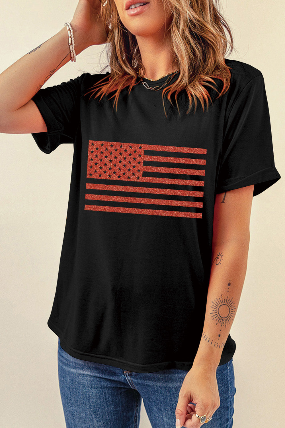 Glitter American Flag Round Neck Graphic T Shirt