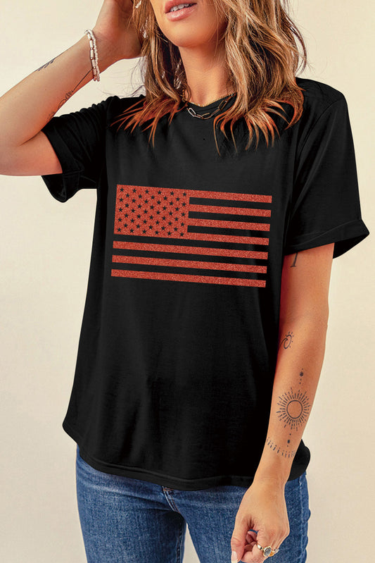 Glitter American Flag Round Neck Graphic T Shirt