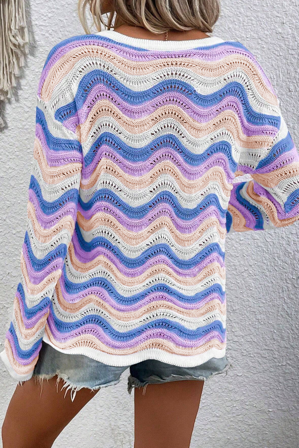 Stripe Wavy Pointelle Knit Drop Shoulder Sweater