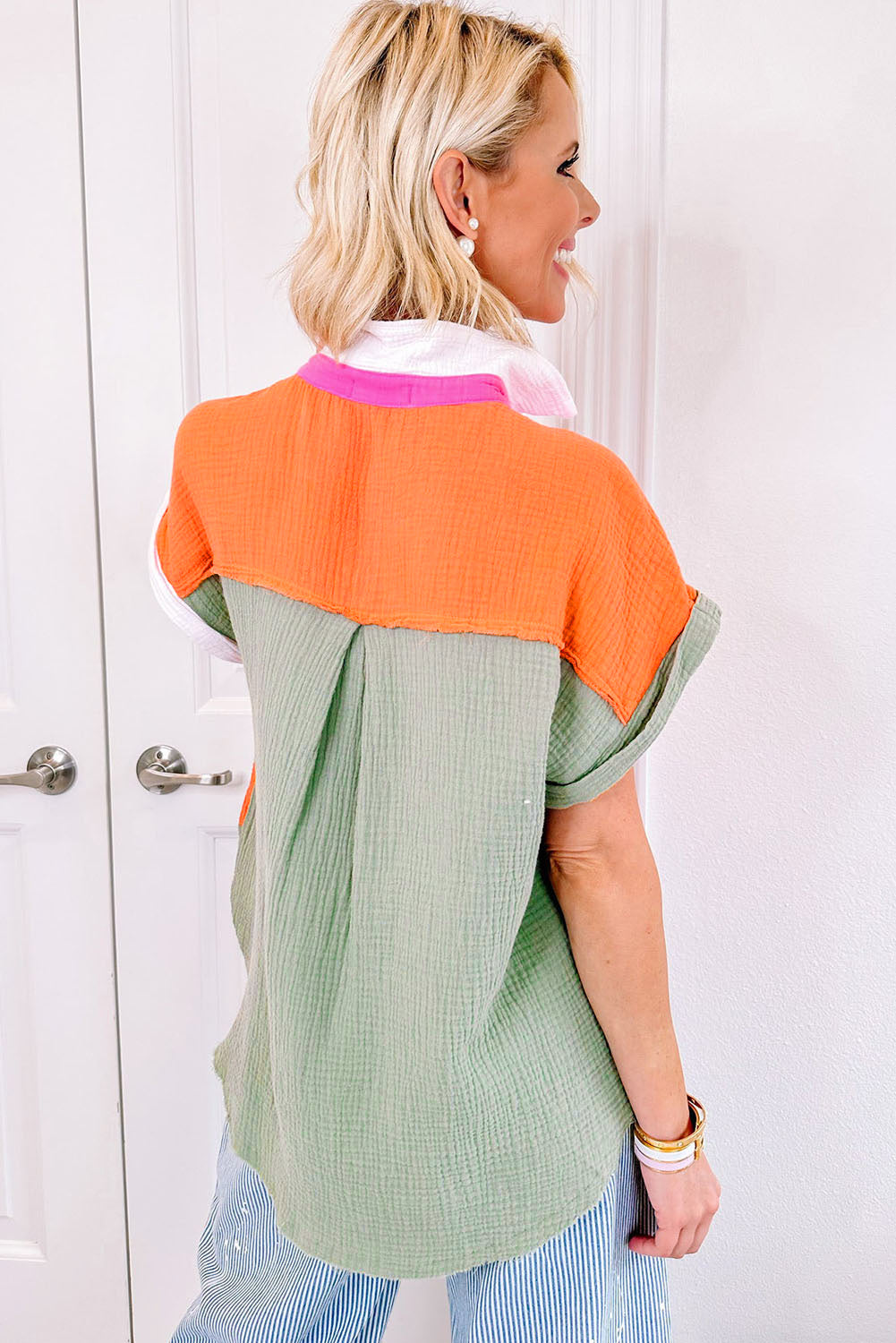 Crinkled Colorblock Raw Hemline Short Sleeves Shirt