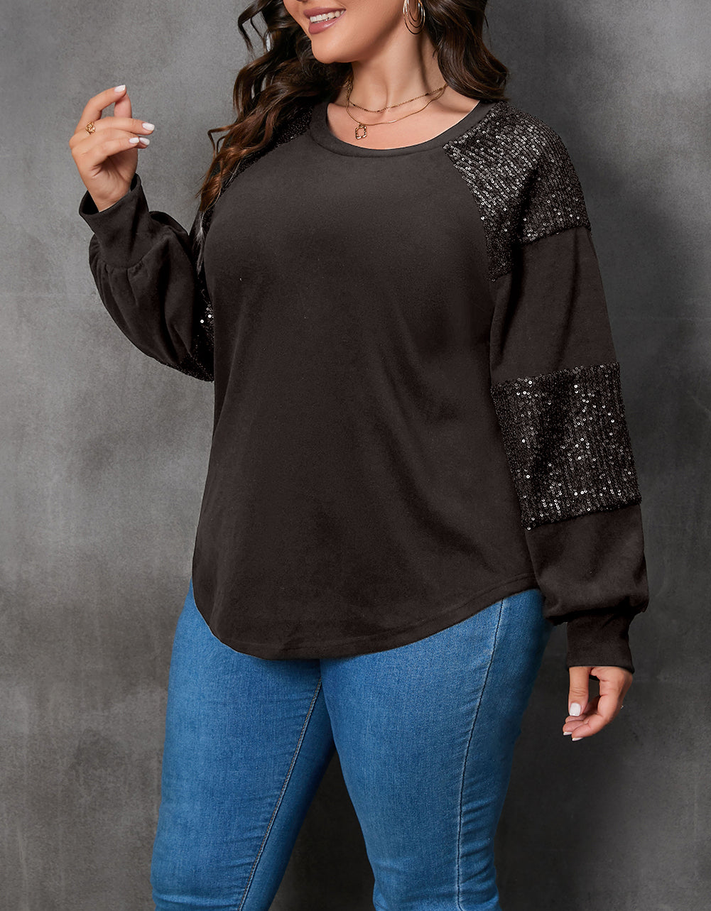 Plus Size Sequin Patchwork Crew Neck Long Sleeve Top