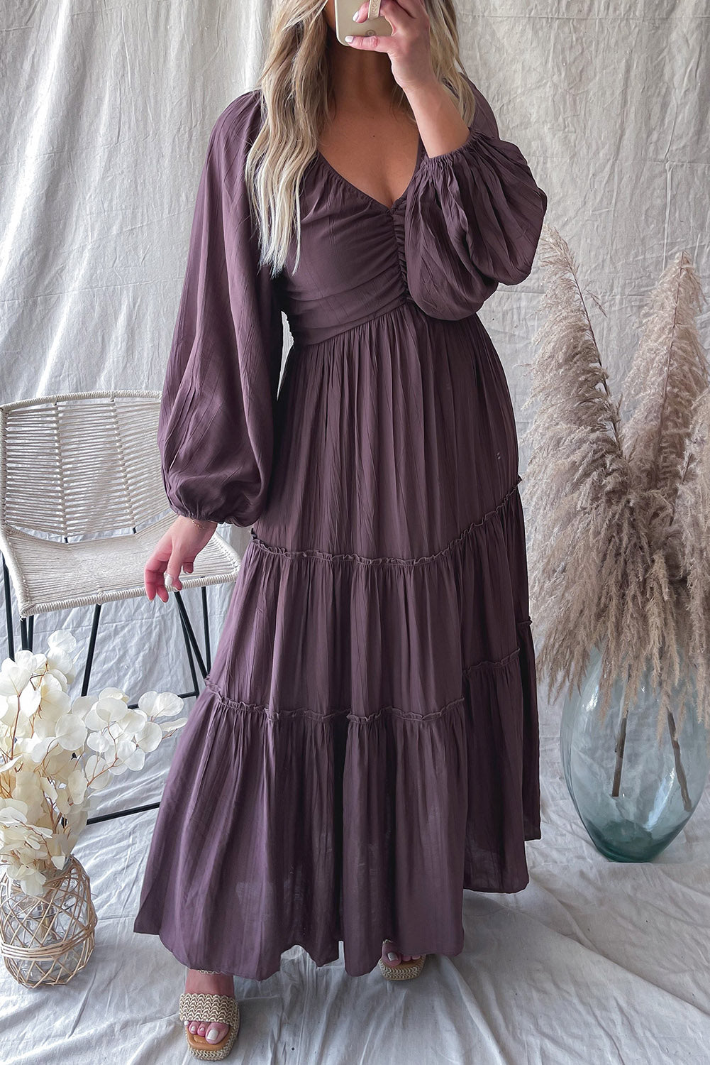 V Neck Bowknot Cutout Frill Tiered Maxi Dress