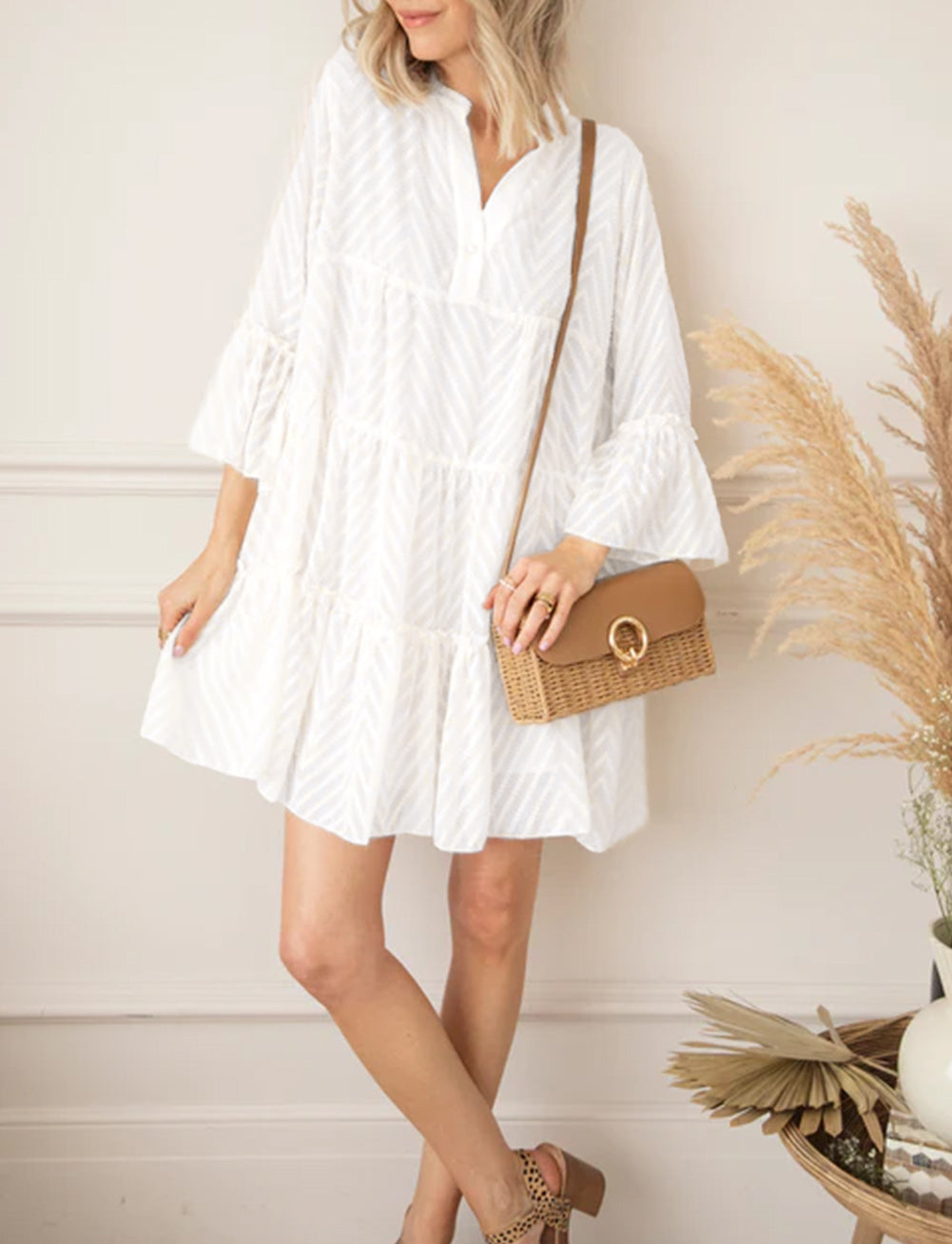 Wavy Striped Bracelet Sleeve Tiered Mini Dress