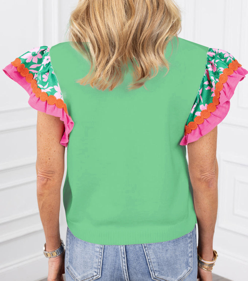 Contrast Ricrac Floral Sleeve Top