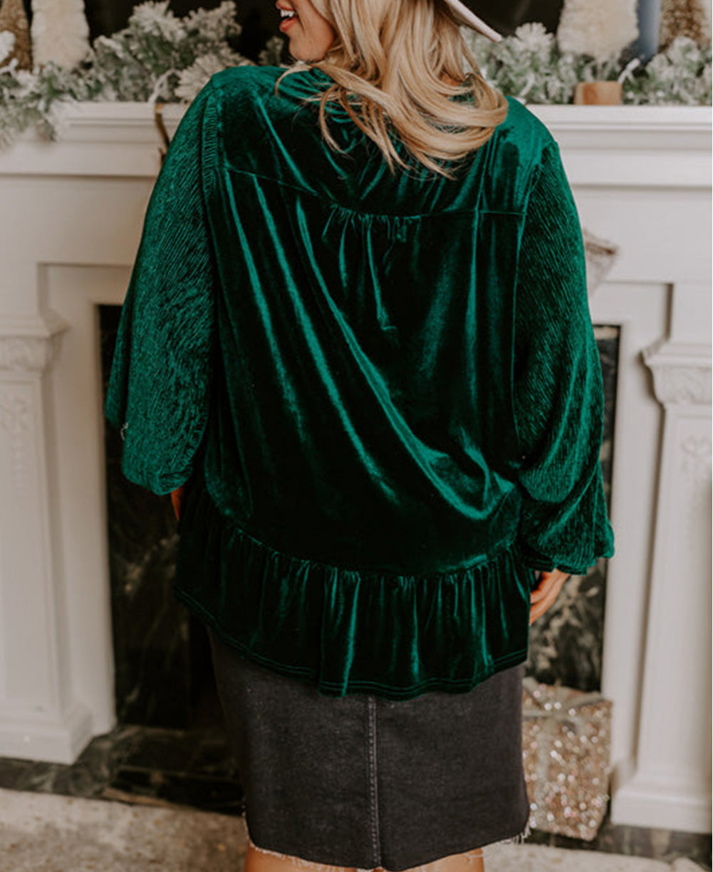 Plus Size Ruffled Sleeve V Neck Velvet Blouse