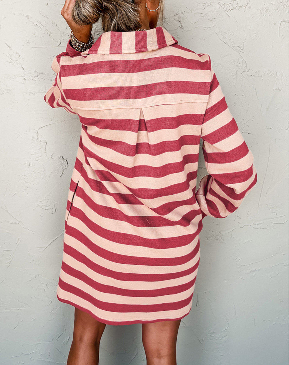 Stripe Collared V Neck Long Sleeve Loose Casual Dress