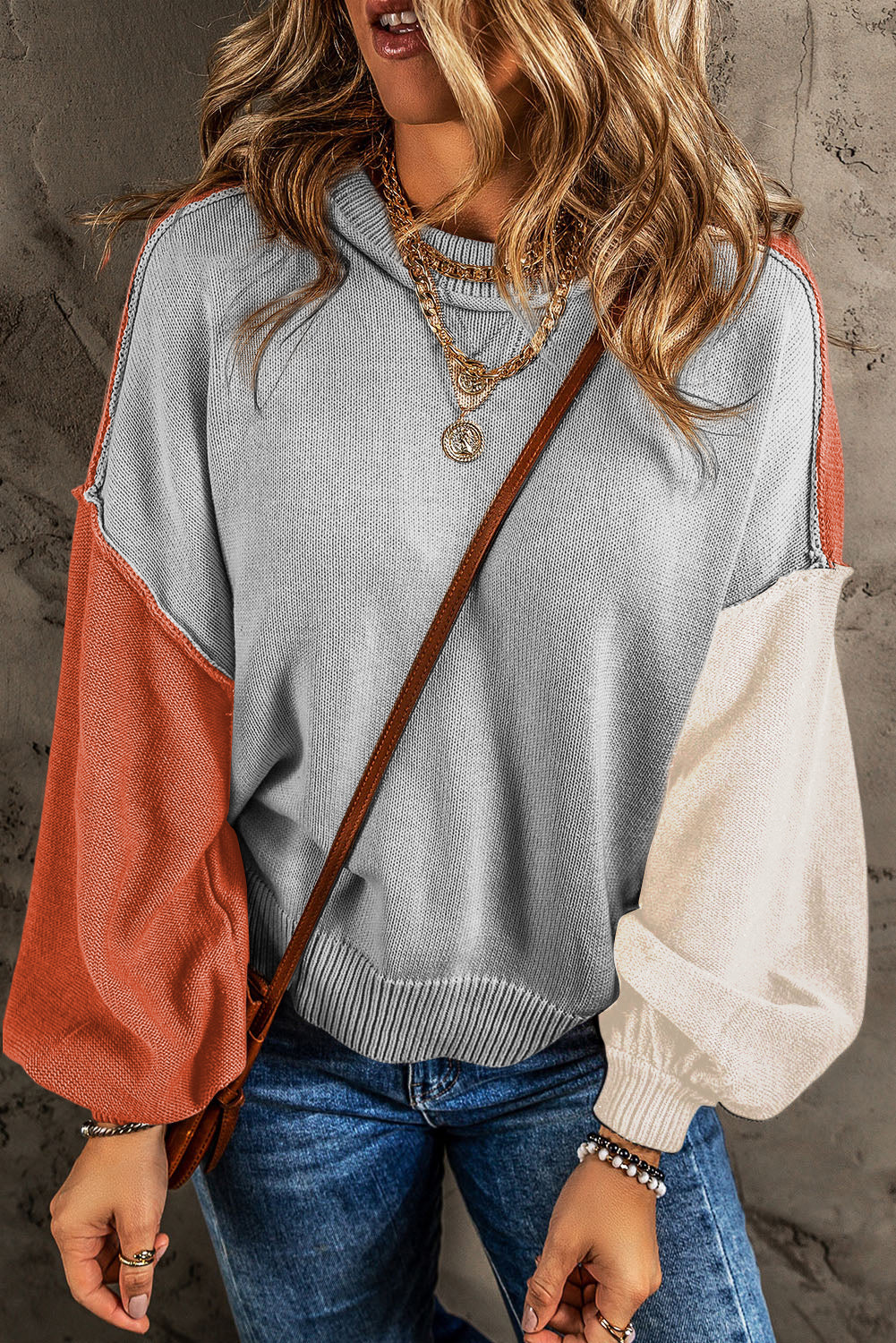 Colorblock Bishop Sleeve Ribbed Trim Sweater