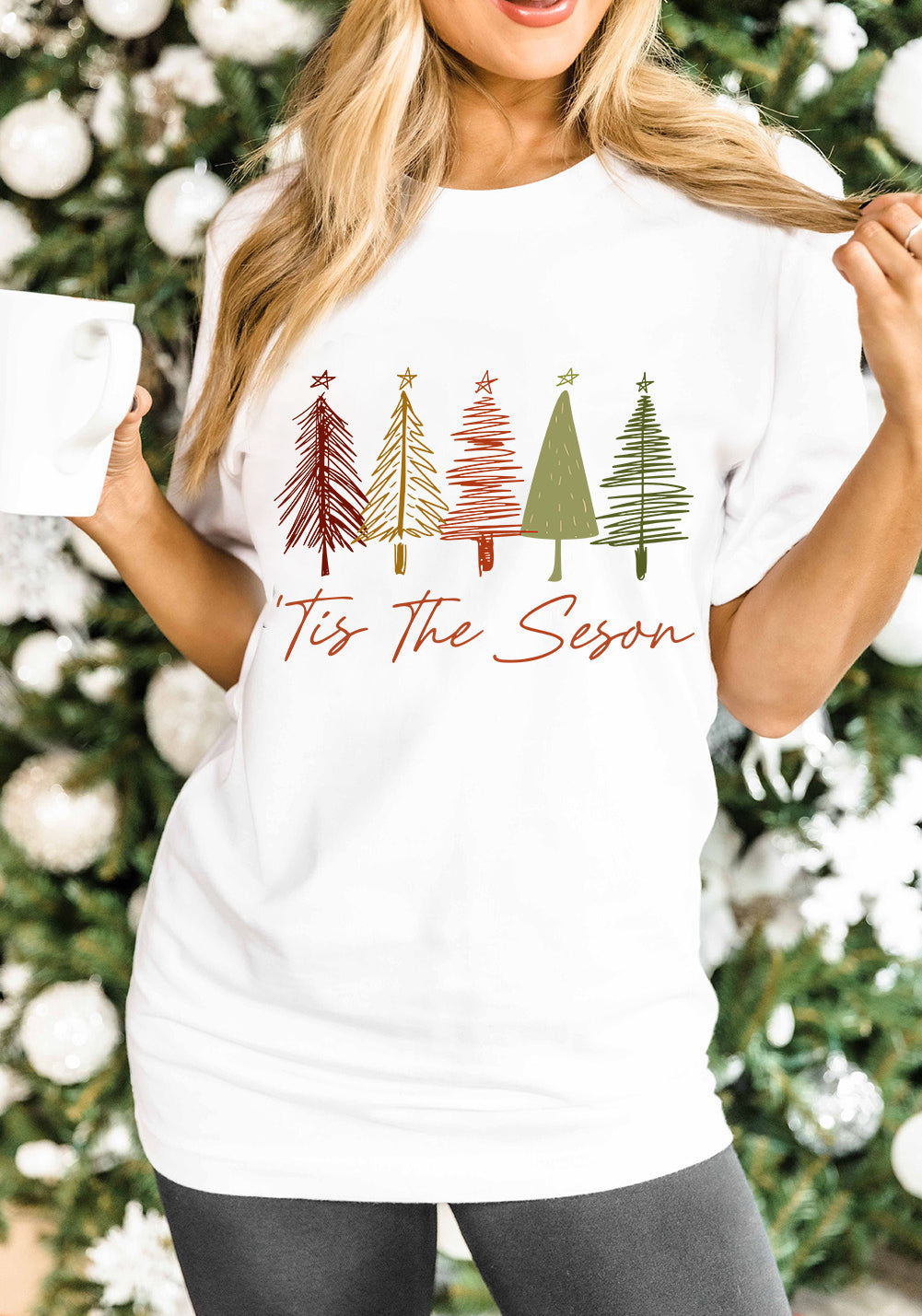 White Cute Christmas Trees Print Crew Neck T Shirt
