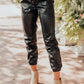 Faux Leather Ankle Smocked Waist Drawstring Joggers