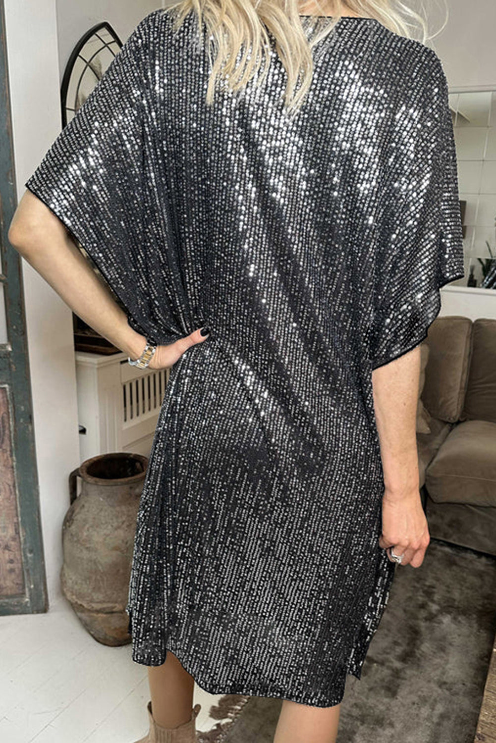 Sequin V Neck Dolman Sleeve Shift Dress