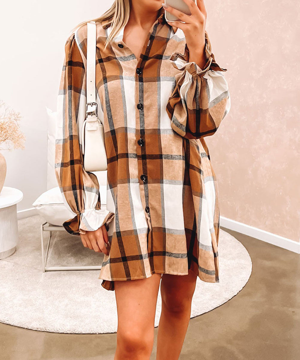 Plaid Pattern Collared Neck Ruffled Sleeve Shirt Dress