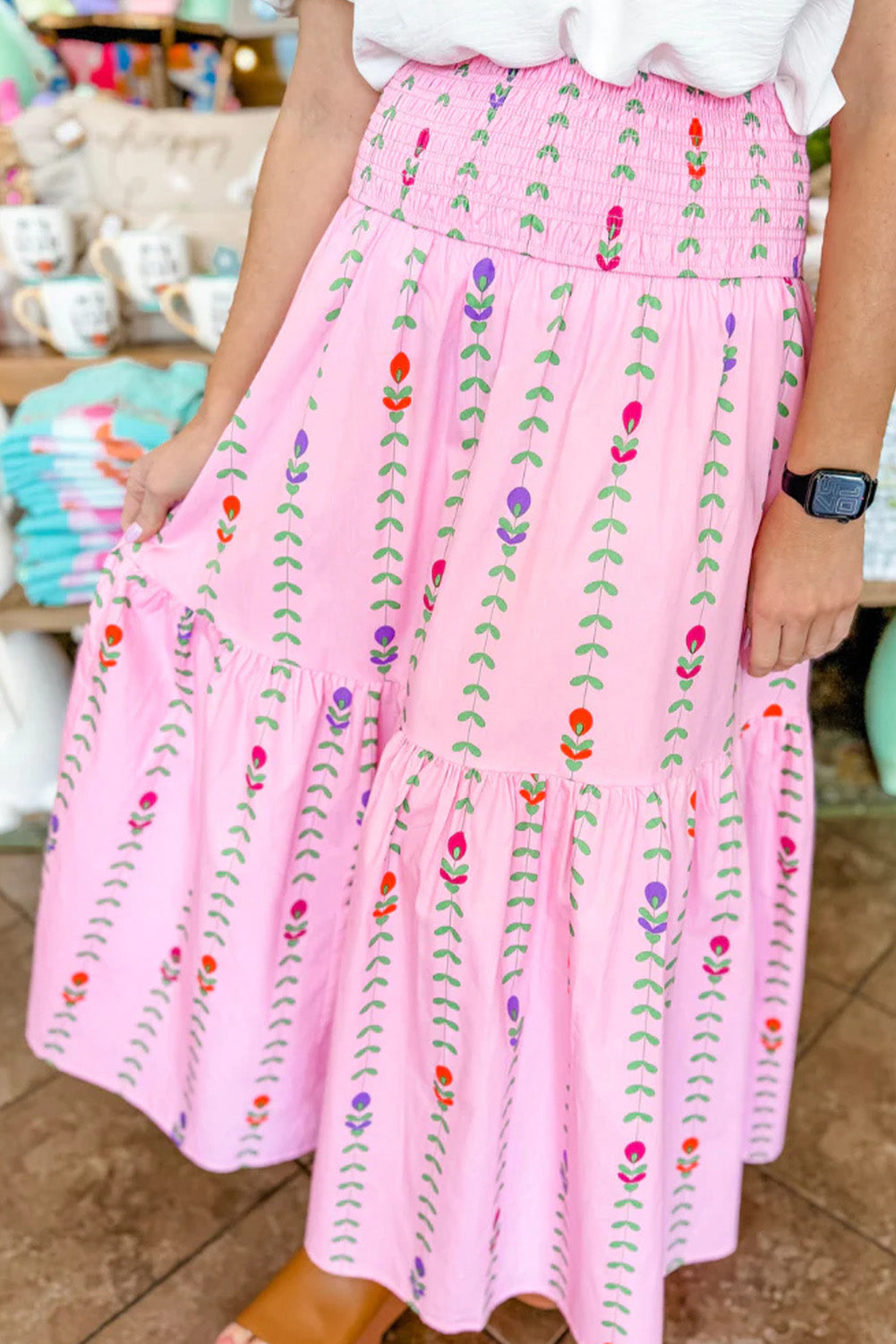 Printed Smocked Tiered Maxi Skirt