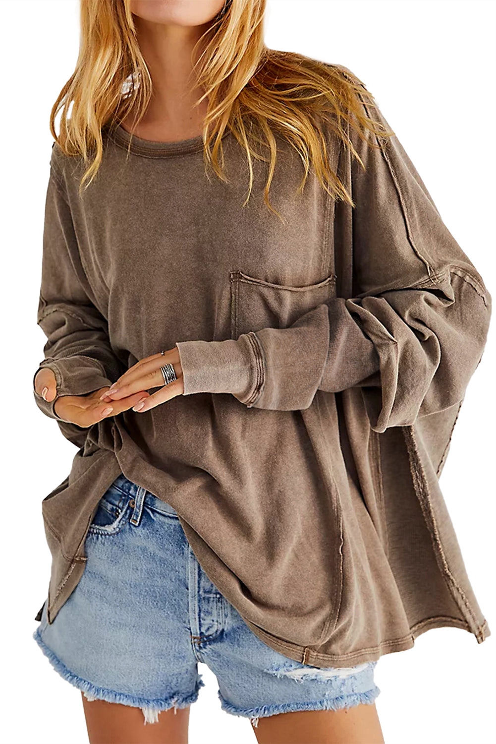 Exposed Seam Thumbhole Drop Shoulder Loose Sweatshirt