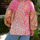 Mixed Floral Printed Puff Sleeve V-Neck Shirt