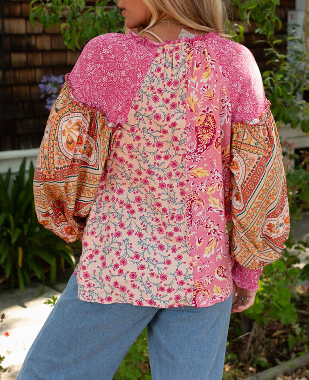 Mixed Floral Printed Puff Sleeve V-Neck Shirt