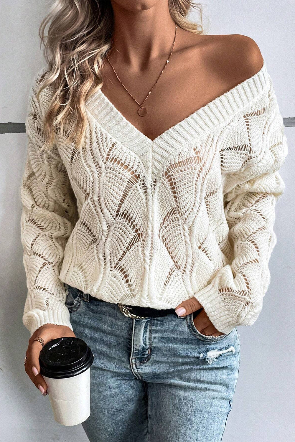 V Neck Drop Shoulder Sweater