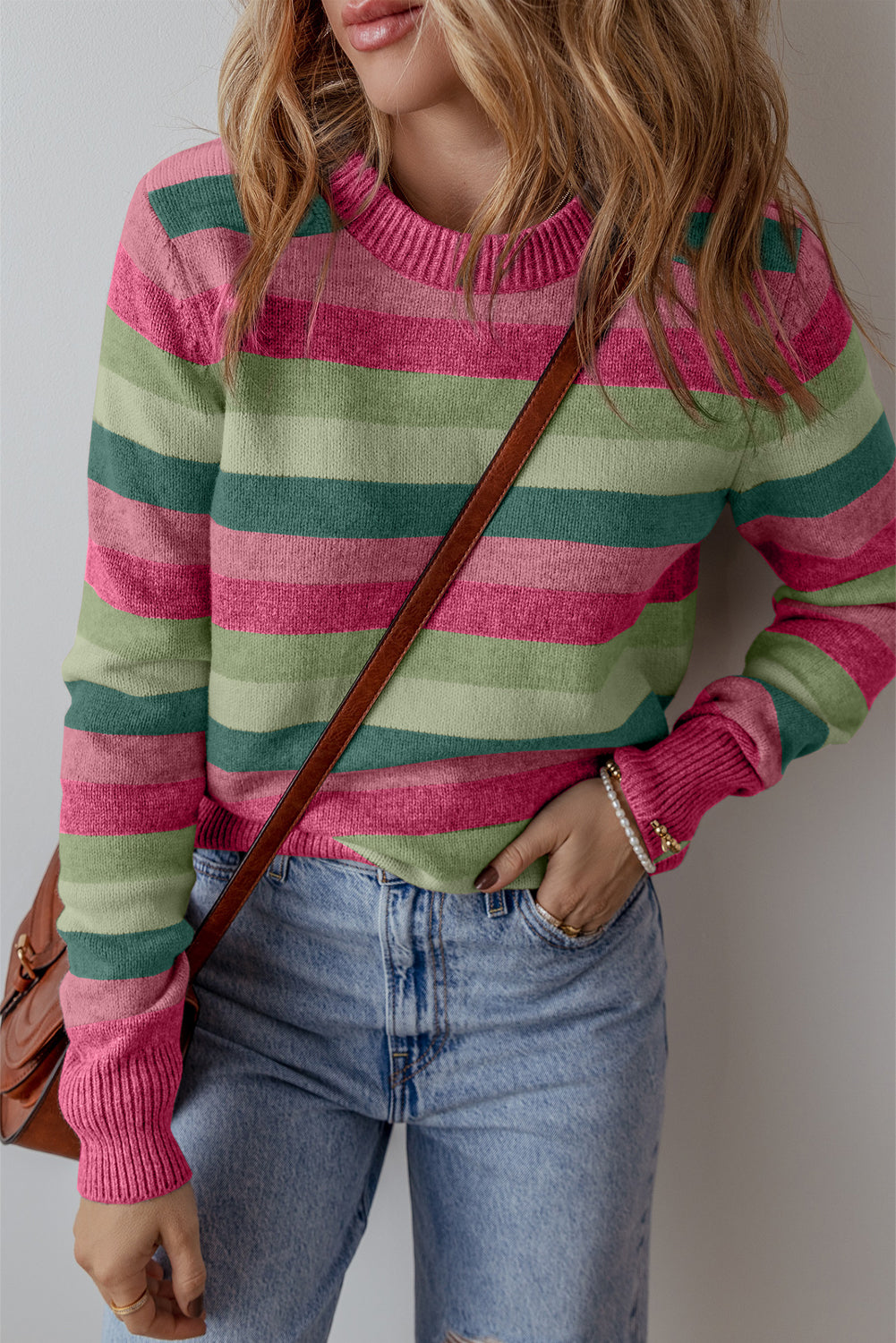 Color Block Ribbed Edge Round Neck Sweater